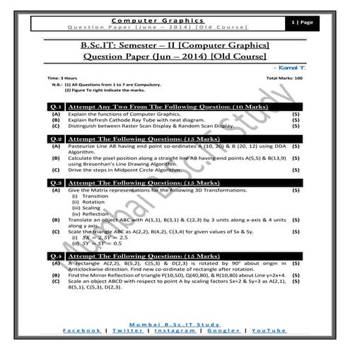 [Question Paper] Computer Graphics (Old Course) [June / 2014]