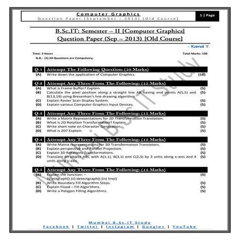 [Question Paper] Computer Graphics (Old Course) [September / 2013]