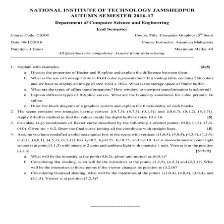 Computer Graphics End Semester Question Paper
