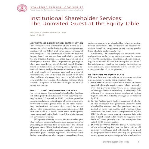 Institutional Shareholder Services: The Uninvited Guest at the Equity Table
