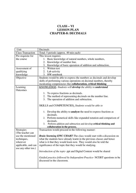Ch 8 decimals lesson plan