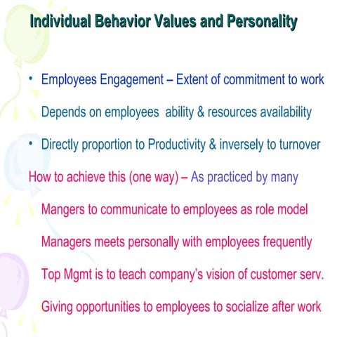 Organizational Behaviour Chapter # 2 Individual Behavior, Values and Personality
