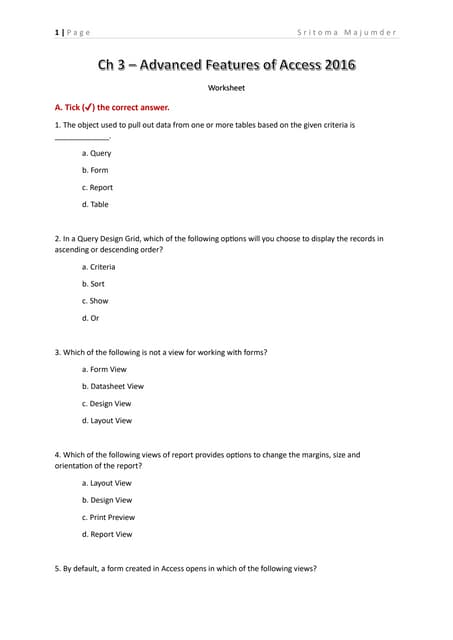 CBSE Grade 8 Computer Science Ch 3 Advanced Features of Access 2016 Worksheet...