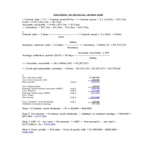 Financial Ratios Quiz Solutions