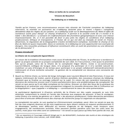 CHAIRE ESSEC Complexite Edgar Morin - Du lobbying au E-lobbying 