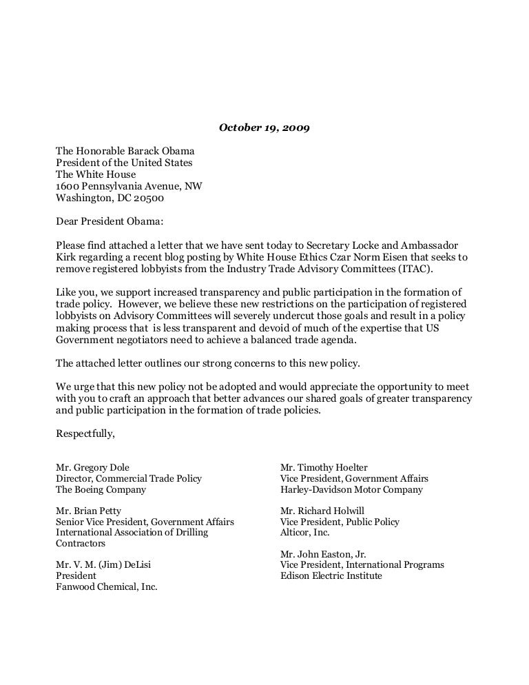 Letter to President Obama on Industry Trade Advisory Committees
