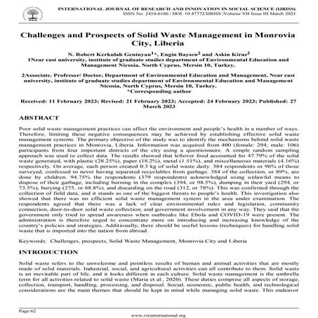 Challenges and Prospects of Solid Waste Management in Monrovia City, Liberia