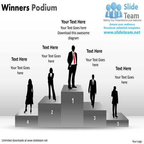 Challenge competition winners podium with silhouettes standing 5 levels power...