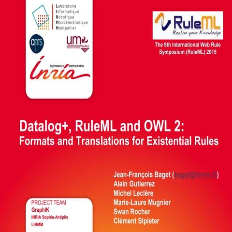 Challenge@RuleML2015  Datalog+, RuleML and OWL 2 - Formats and Translations f...