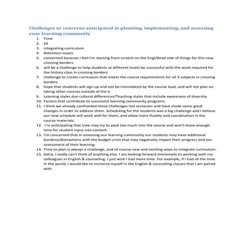 Challenges Or Concerns Anticipated In Planning