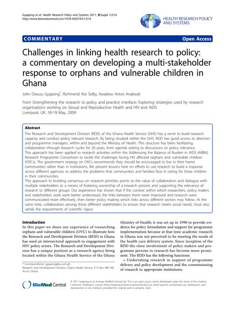 Challenges in linking health research to policy   multi stakeholder response to ovc in ghana