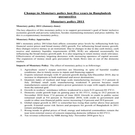 Change in monetary policy last 5 years in Bangladesh 