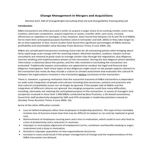 Change management in mergers and acquisitions