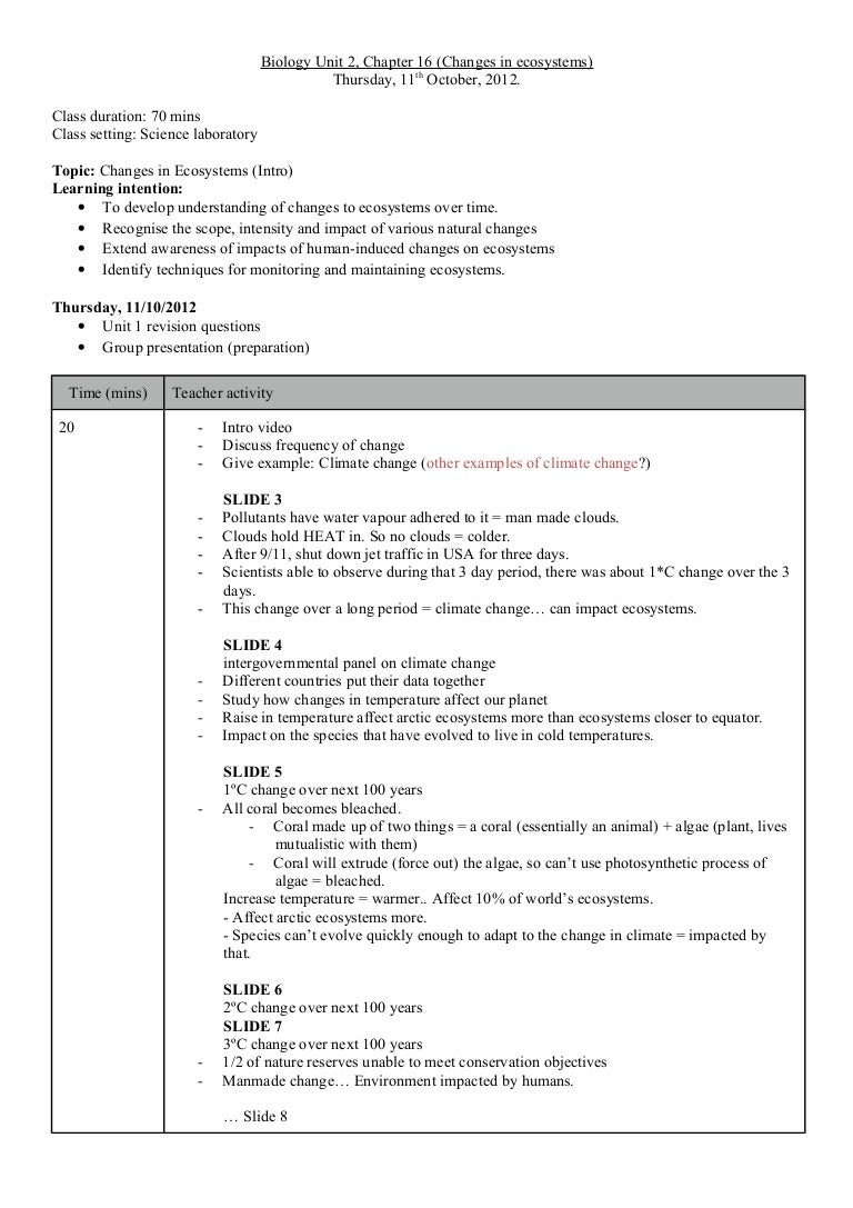 BIOLOGY Lesson Plan Changes In Ecosystems BIOLOGY Lesson Plan Changes In Ecosystems