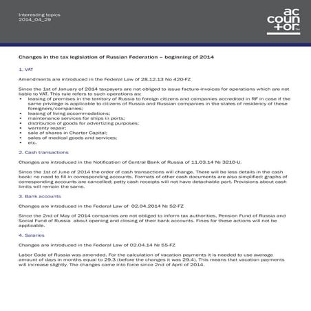 Changes in the tax legislation of Russian Federation beginning of 2014