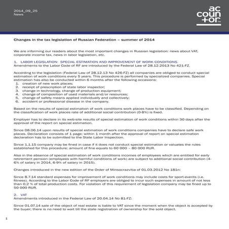 Changes in the tax legislation of Russian Federation – summer of 2014