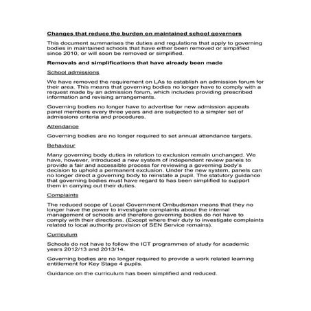 Changes that reduce burdens on maintained school governing bodies (1)
