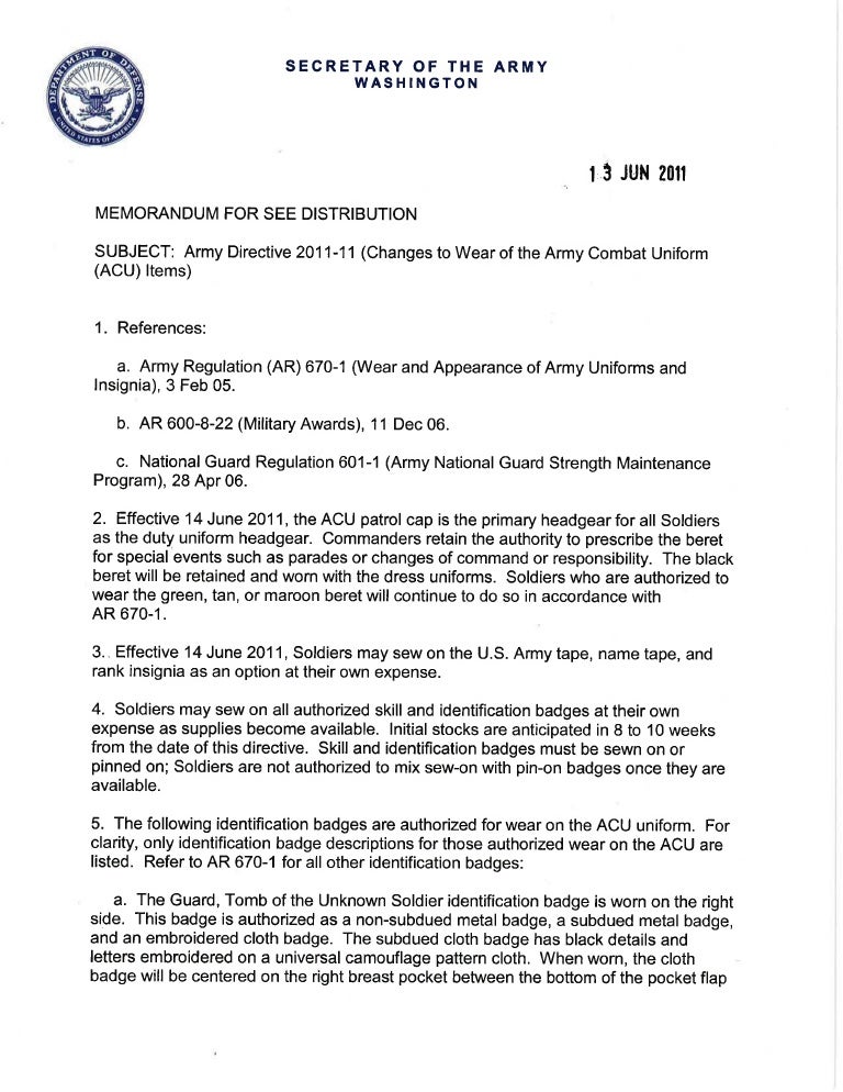 Changes to wear of Army Combat Uniform from DoD