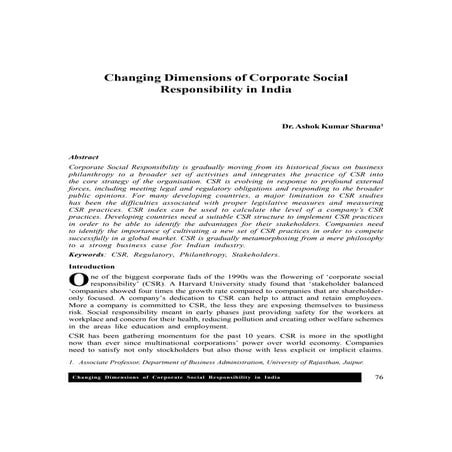 Changing dimensions of corporate social responsibility in india