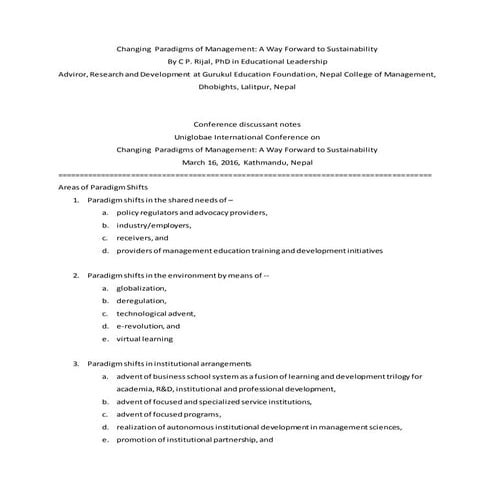 Changing paradigms of management a way forward to sustainability