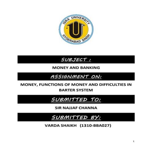 MONEY, FUNCTIONS OF MONEY AND DIFFICULTIES IN BARTER SYSTEM