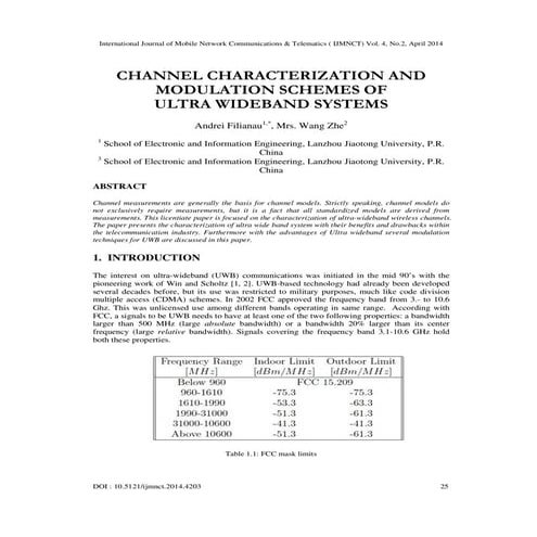 Channel characterization and modulation schemes of ultra wideband systems