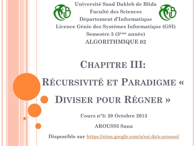 Chapitre iii récursivité et paradigme diviser pour régner