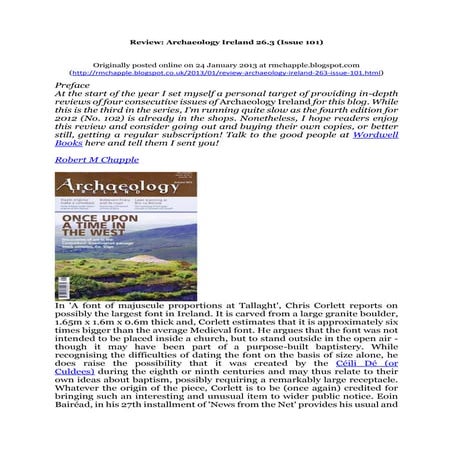 Chapple, R. M. 2013 Review: Archaeology Ireland 26.3 (issue 101). Blogspot post