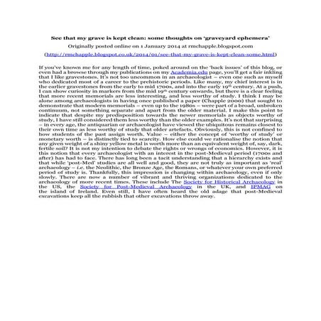 Chapple, R. M. 2014 See that my grave is kept clean- some thoughts on ‘gravey...