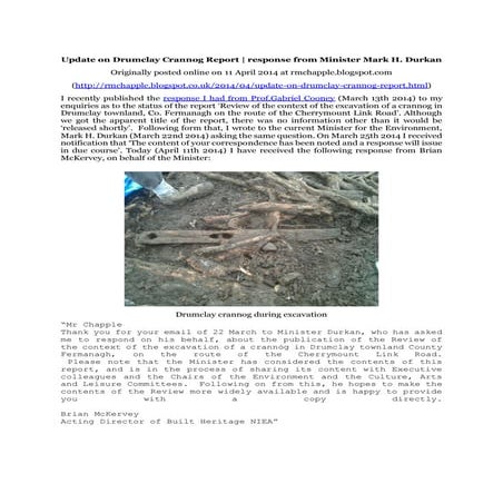 Update on Drumclay Crannog Report | response from Minister Mark H. Durkan