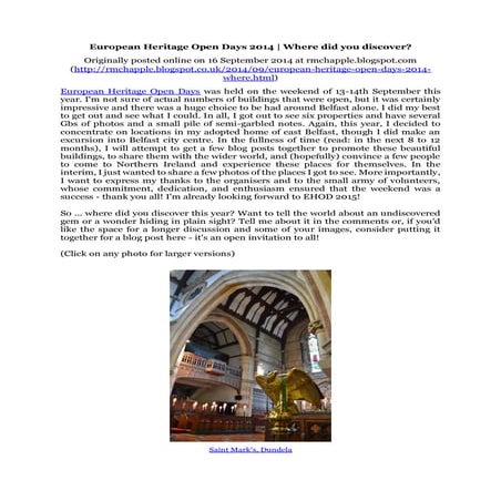 Chapple, R. M. 2014 European Heritage Open Days 2014. Where did you discover....