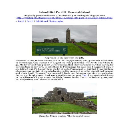 Chapple, R. M. 2014 Island Life. Part III. Devenish Island. Blogspot post