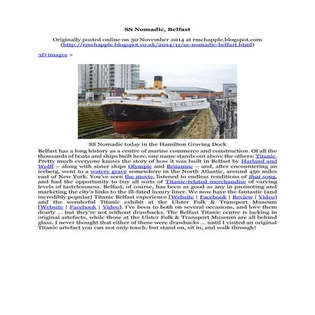 Chapple, R. M. 2014 SS Nomadic, Belfast. Blogspot post