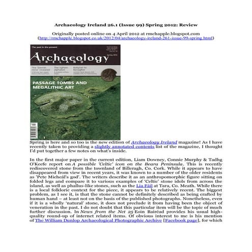 Chapple, R. M. 2012 'Archaeology Ireland 26.1 (Issue 99) Spring 2012. Review'...
