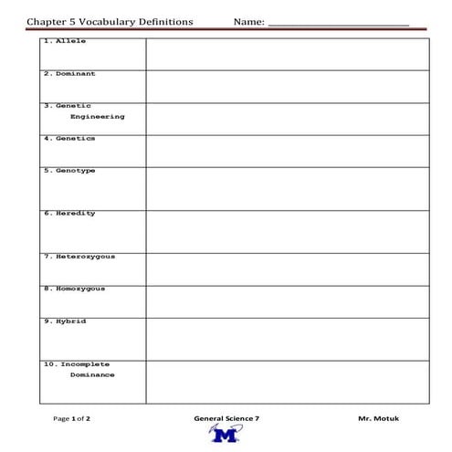 Chapter 5 Vocabulary Terms (Genetics)