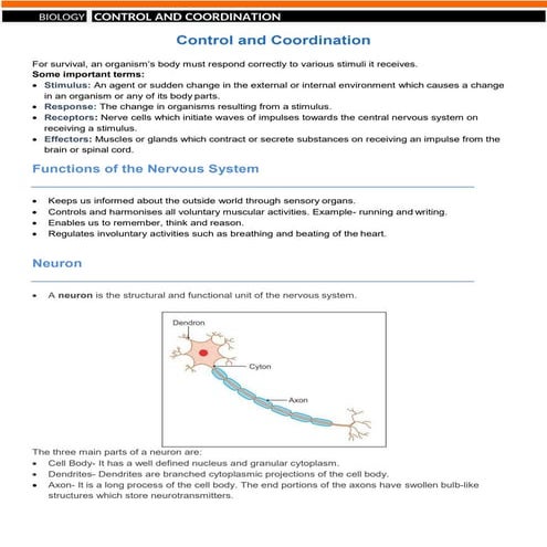 CBSE - Grade 10 - Science - Biology - Ch 2 - Control and Coordination - Notes...