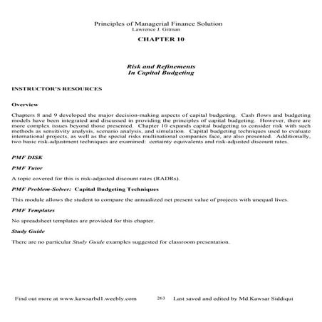 Chapter 10:Risk and Refinements In Capital Budgeting