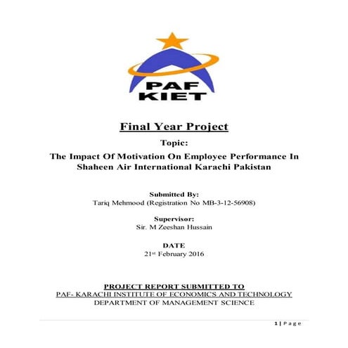 The Impact Of Motivation On Employee Performance In Shaheen Air International Karachi Pakistan (Thesis)