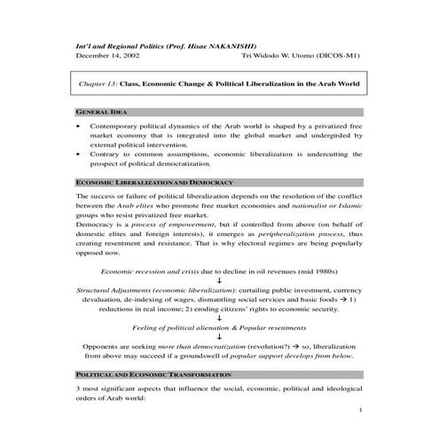 Class, Economic Change & Political Liberalization in the Arab World