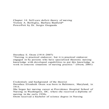 Chapter 14 Self-care deficit theory of nursingVioleta A. Be