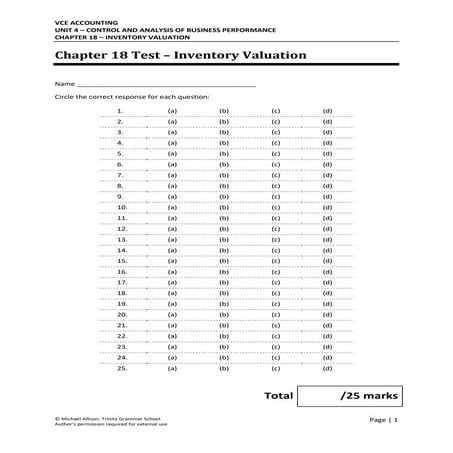 Chapter 18 Product Costs, Period Costs, NRV - Test