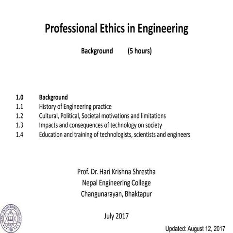 Professional Ethics in Engineering Chapter 1 Background HKS