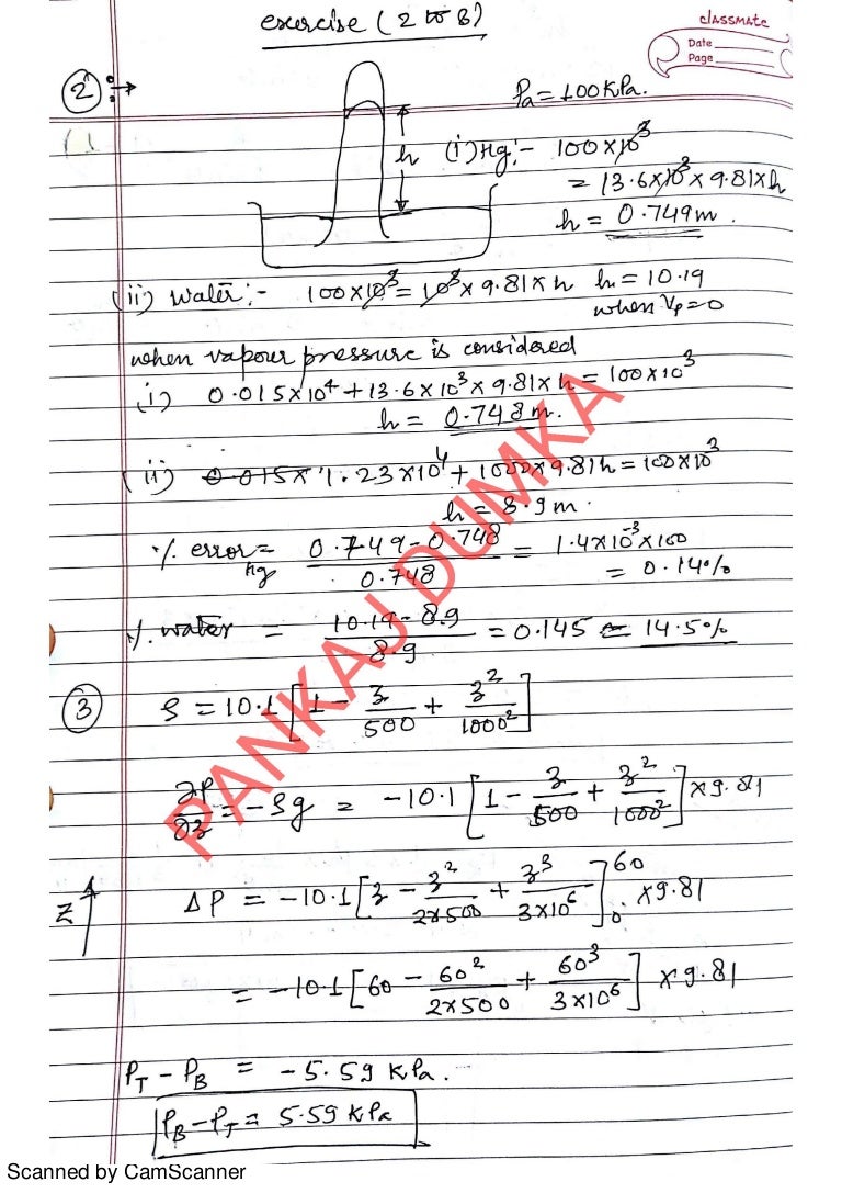 solution of introductoin to fluid mechanics and machines(Prof. Som and  Prof. Biswas) Chapter 2