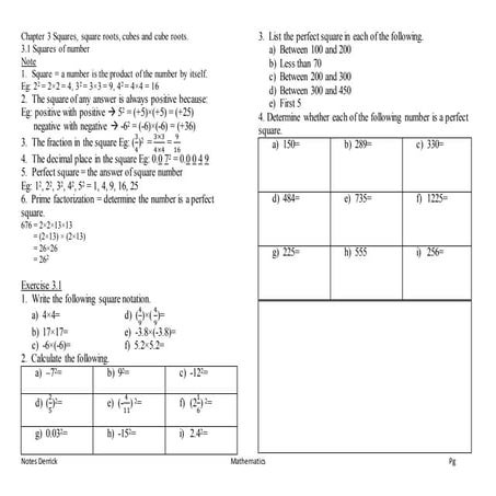 Mathematics Form 1-Chapter 3 Squares, Square Roots, Cubes and Cube Roots KBSM...