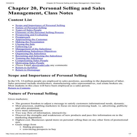 Chapter 20 personal selling and sales management, class notes