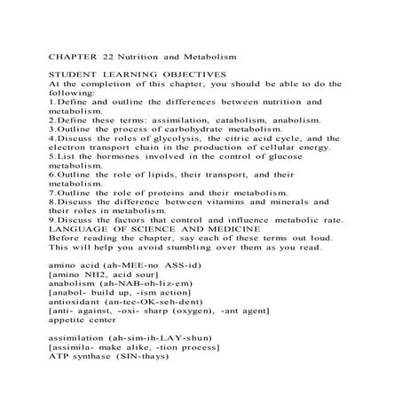 CHAPTER 22 Nutrition and MetabolismSTUDENT LEARNING OBJECTIVES