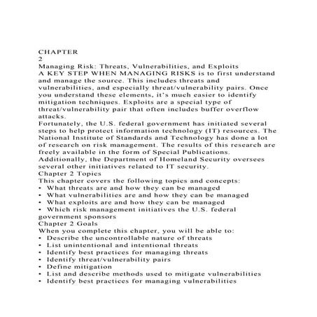 CHAPTER2Managing Risk Threats, Vulnerabilities, and Exploit.docx