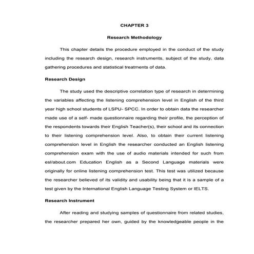Variables Affecting Listening Comprehension in English Among Third Year High School Students of LSPU- SPCC, 2012- 13. Chapter 3