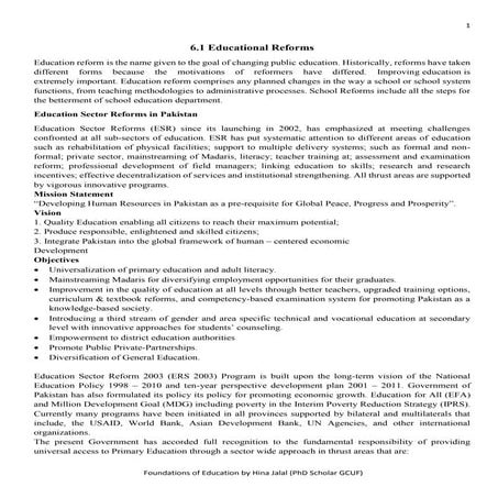 Educational Reforms in Pakistan, Educational Policy 2017, and Vision 2025