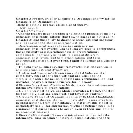 Chapter 3 Frameworks for Diagnosing Organizations What” to Change.docx